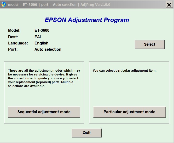 Epson <b>ET-3600 </b> (EAI) Ver.1.0.0 Service Adjustment Program