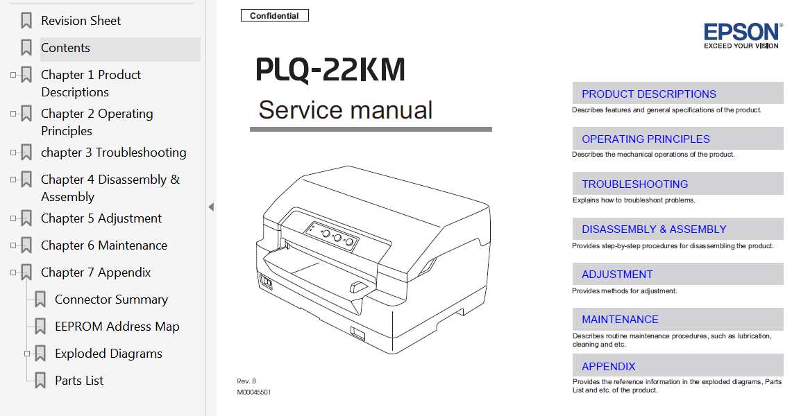Epson PLQ-22KM Printer Service Manual, Exploded Diagram and Parts List