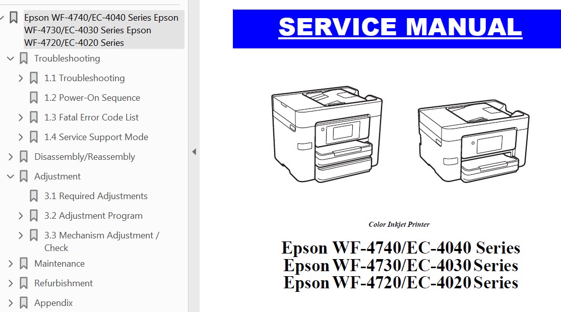 Epson <b>WF-4720 Series, WF-4730 Series,  WF-4740 Series, EC-4020, EC-4030, EC-4040</b> printers Service Manual  <font color=red>New!</font>