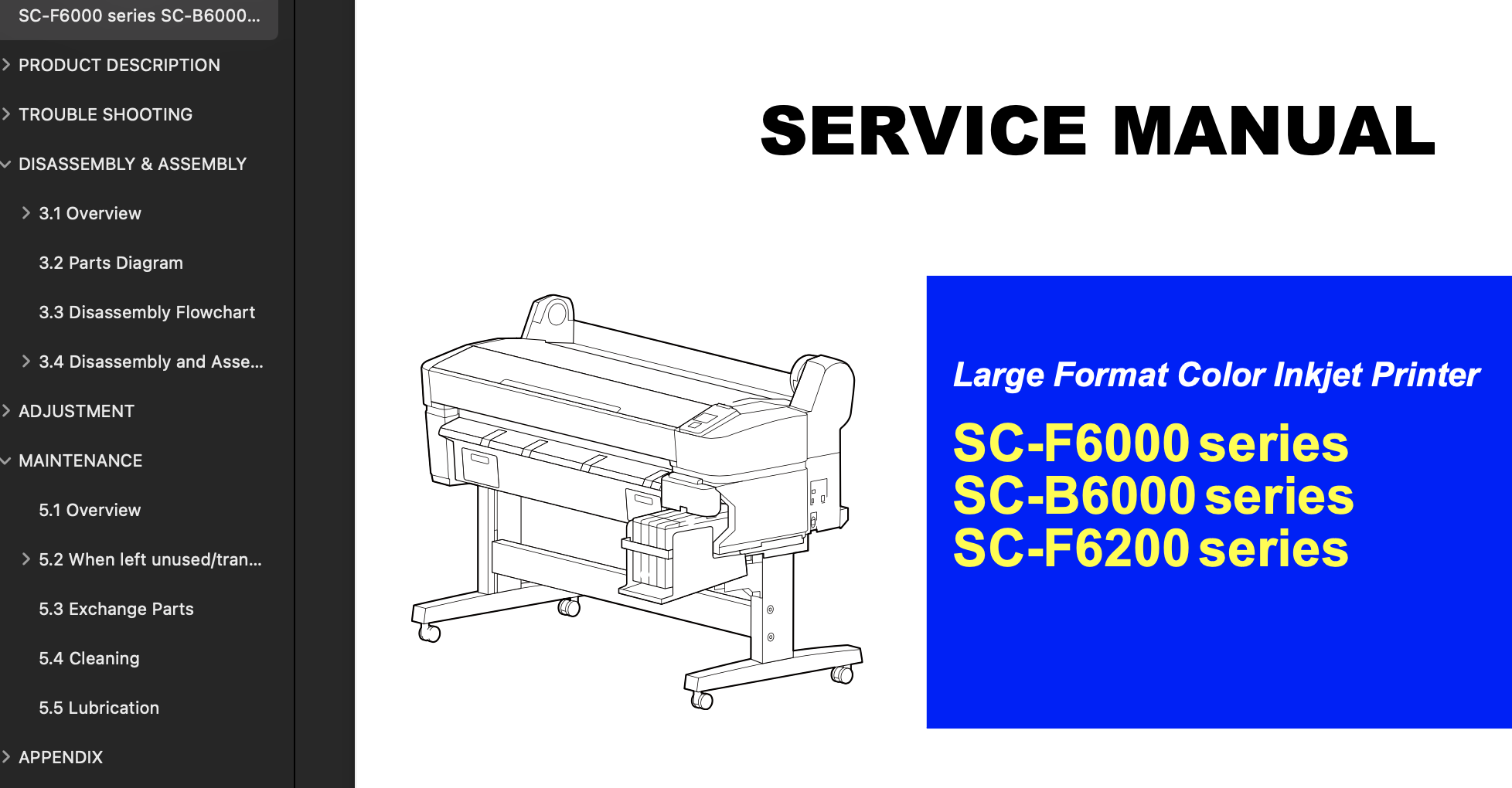 Epson Sure Color SC-F6000 Series,  SC-F6200 Series,  SC-B6000 Series  Service Manual, Parts List and Exploded Diagram <font color=red>New!</font>