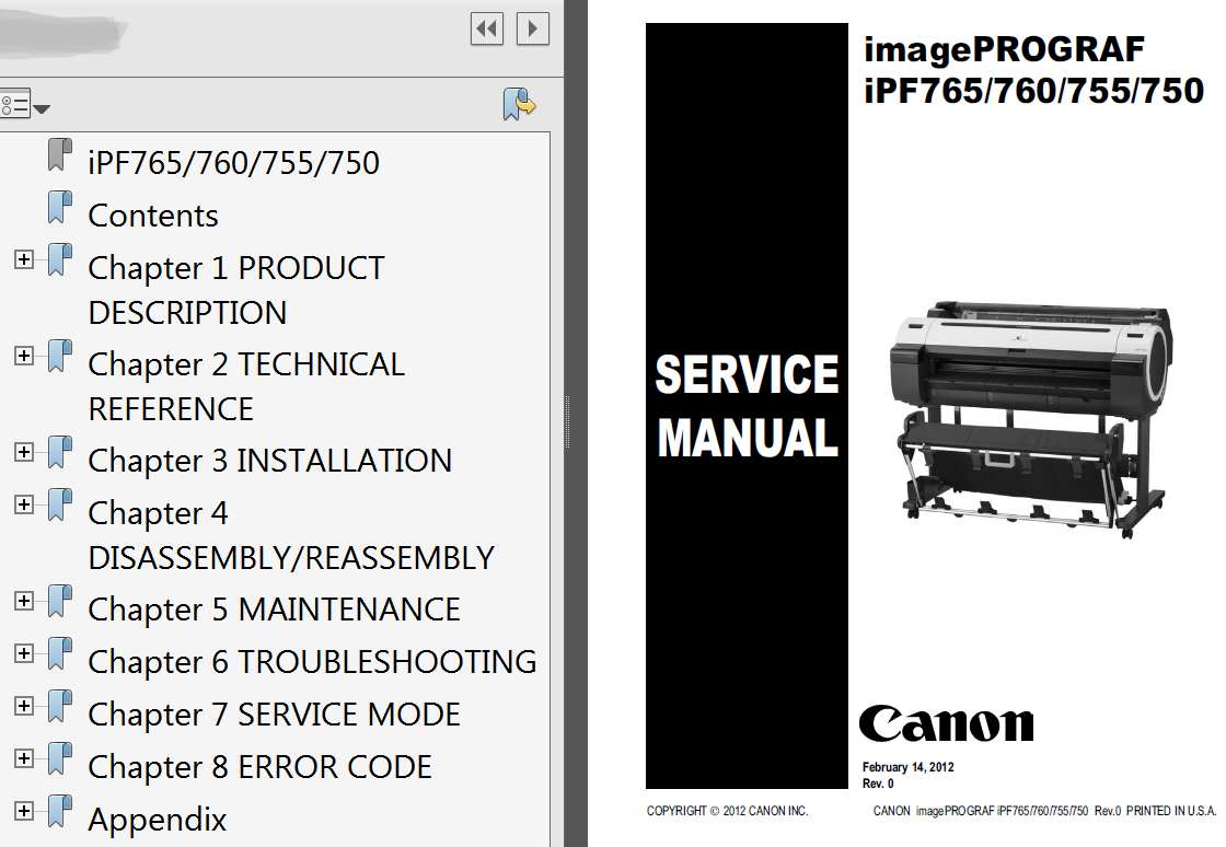 CANON imagePROGRAF iPF750, iPF755, iPF760, iPF765 Service Manual, Parts Catalog and Cirquit Diagram