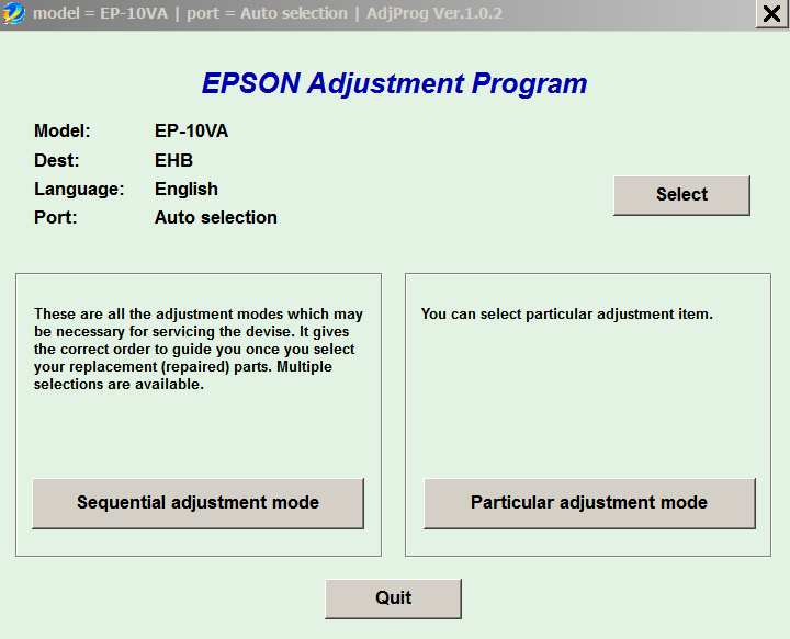Epson <b>EP-10VA</b> (EHB) Ver.1.0.2 Service Adjustment Program