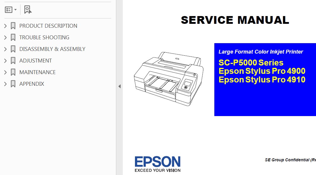 Epson <b>SC-P5000 Series, Pro 4900, Pro 4910</b> printers Service Manual, Exploded View, Parts List and Block Wiring Diagram <font color=red>New!</font>