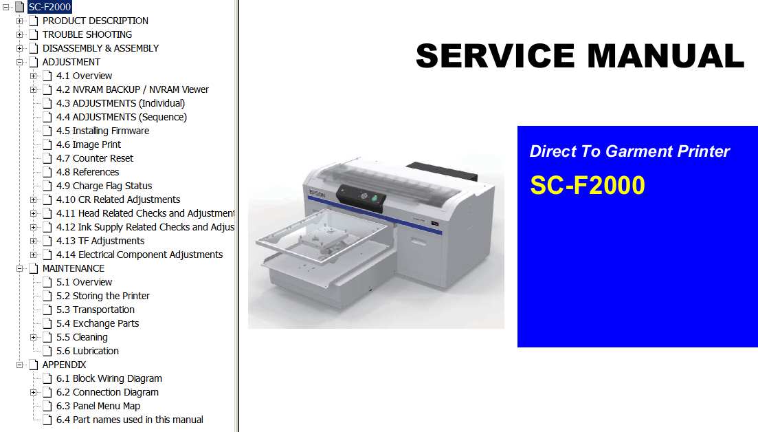 Epson <b>SC-F2000</b> direct to garment printer Service Manual and Connector Diagram  <font color=red>New!</font>