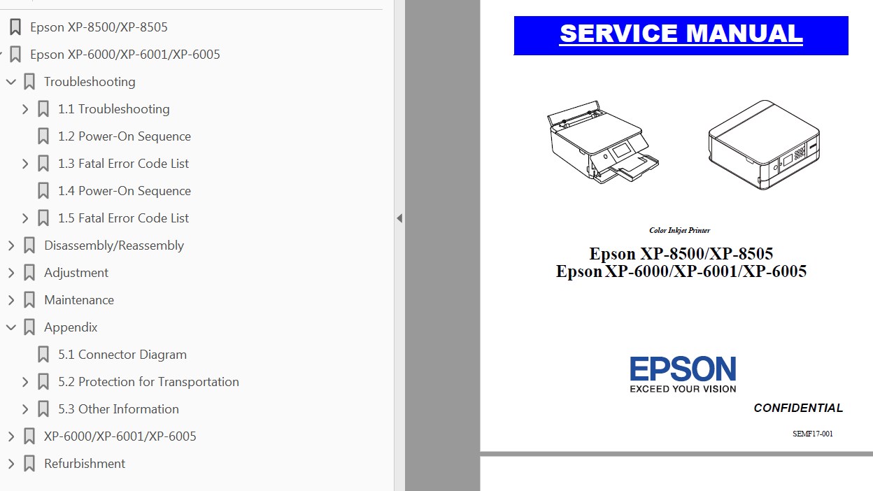 Epson <b> XP-6000, XP-6001, XP-6005, XP-8500, XP-8505</b> printers Service Manual  <font color=orange>New!</font>