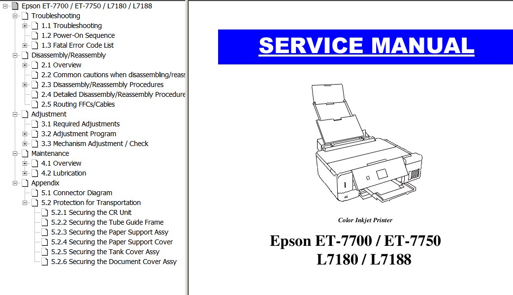 Epson <b> ET-7700, ET-7750, L7180, L7188 Series</b> printers Service Manual  <font color=orange>New!</font>