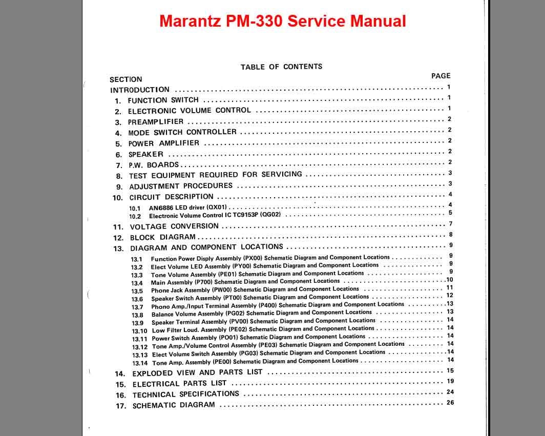 Marantz PM-330 Stereo Pre Main Amplifier  Service Manual, Exploded View, Mechanical and Electrical Parts List, Schematic Diagram, Cirquit Board