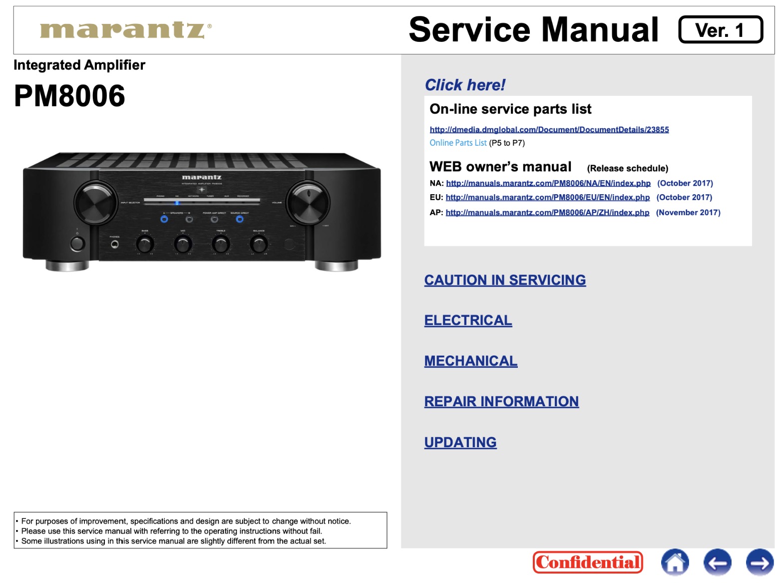 Marantz PM8006 Integrated Amplifier Service Manual, Exploded View, Parts List, Schematic Diagram, Cirquit Description