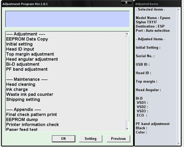 Epson <b>TX117</b> Service Adjustment Program