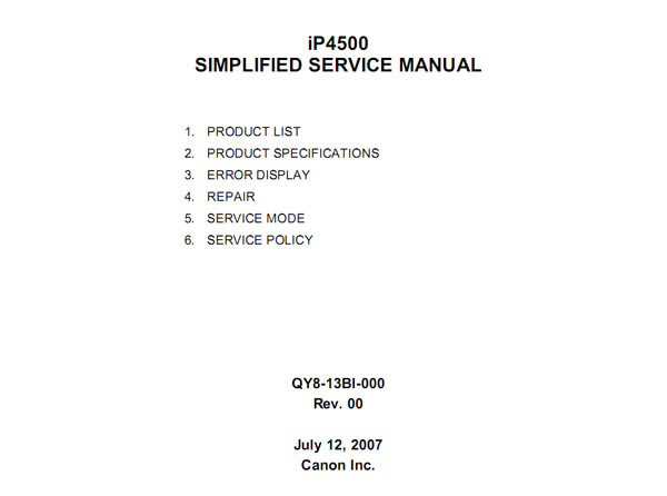 CANON iP4500 printer Simplified Service Manual and Technical Reference