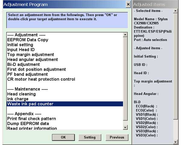 EPSON CX2900, CX2905 Service Adjustment Program