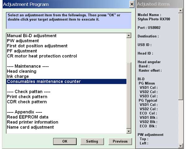 EPSON RX700 Service Adjustment Program