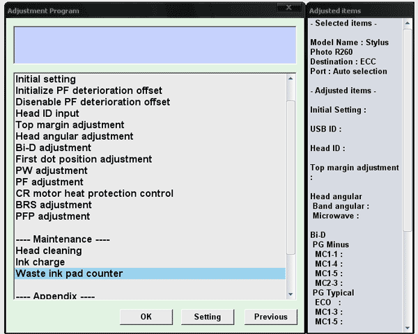 Epson R260 Printer Adjustment Service Program