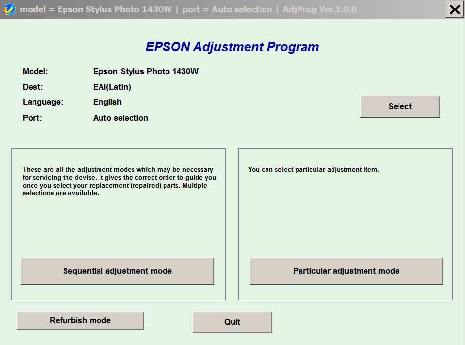 Epson <b>Photo 1430W </b> (EAI) Ver.1.0.0 Service Adjustment Program