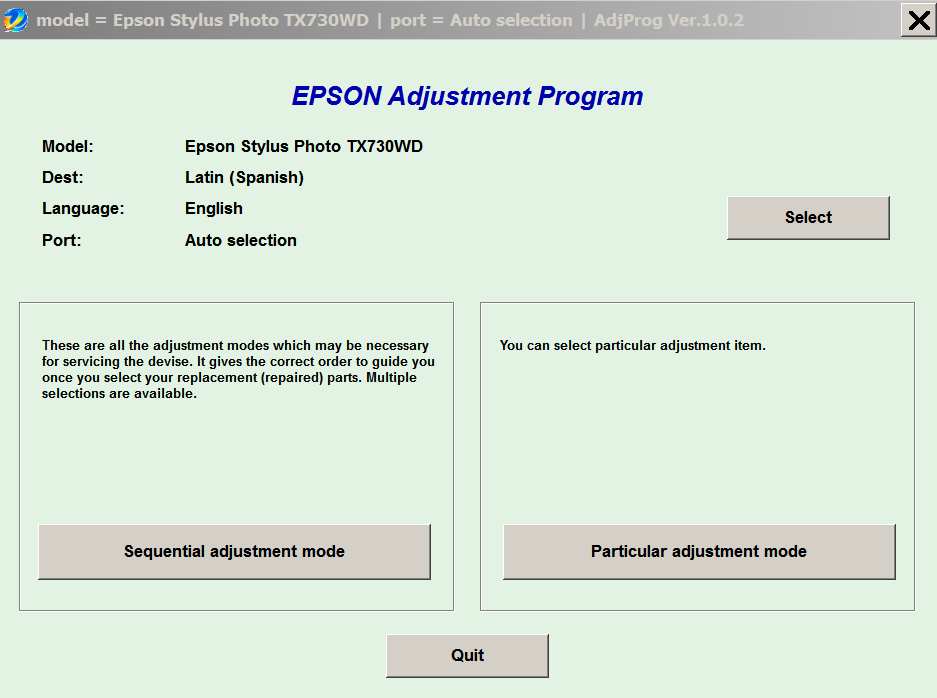 Epson <b>TX730WD </b> Ver.1.0.2 Service Adjustment Program