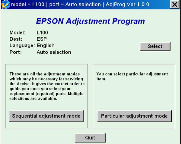 Epson <b>L100</b> (ESP) Ver.1.0.0 Service Adjustment Program
