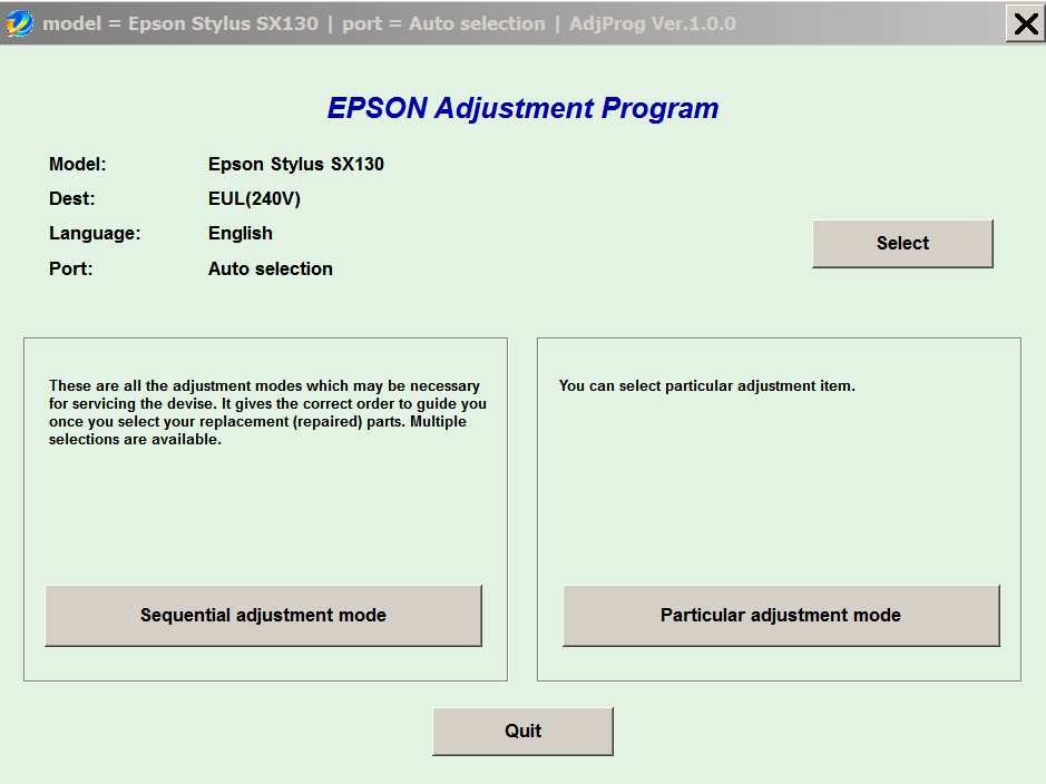 Epson <b>SX130</b> (EUL, EURO, CISMEA) Ver.1.0.0 Service Adjustment Program