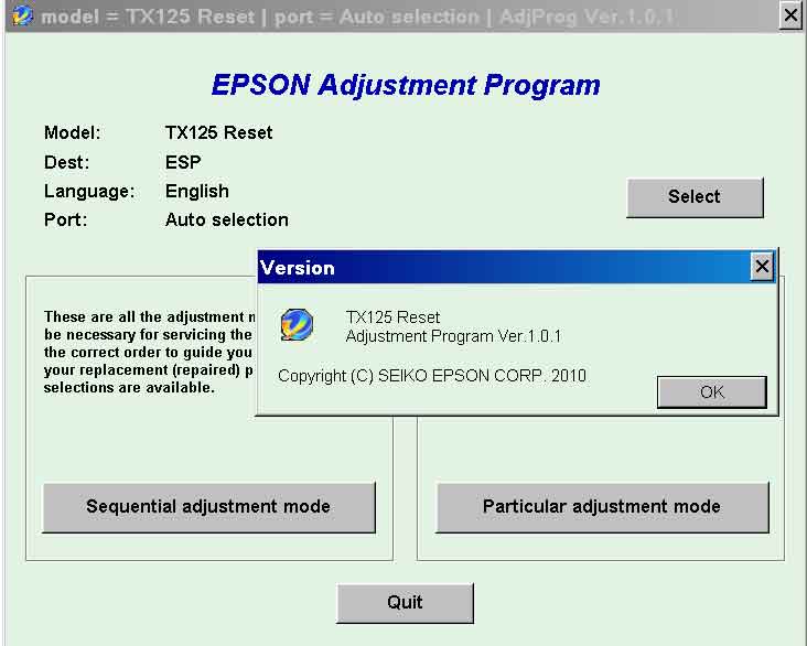 Epson <b>TX125</b> (ESP) Ver.1.0.1 Service Adjustment Program