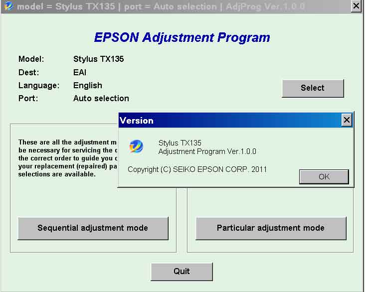Epson <b>TX135</b> (EAI) Ver.1.0.0 Service Adjustment Program
