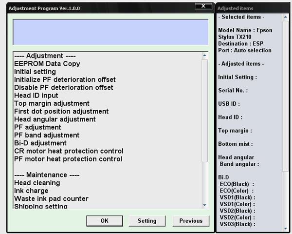 Epson <b>TX210, TX219</b> Service Adjustment Program