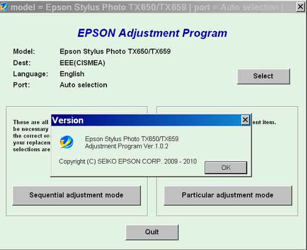 Epson <b>TX650, TX659</b> (EEE, CISMEA) Service Adjustment Program V1.0.2