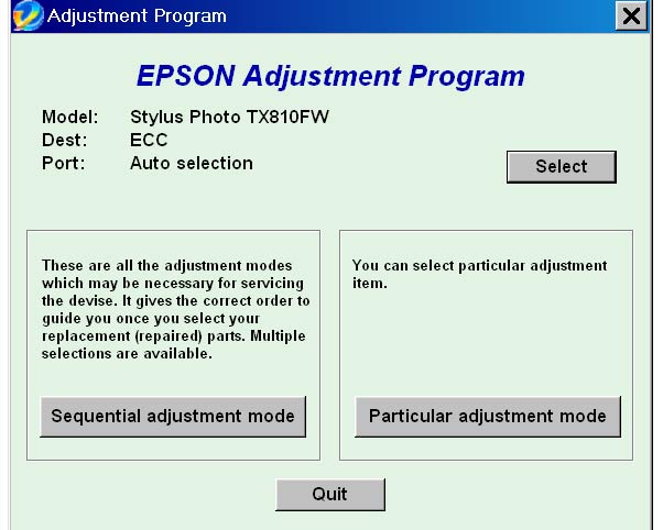Epson <b>TX810FW</b> Service Adjustment Program (ECC)