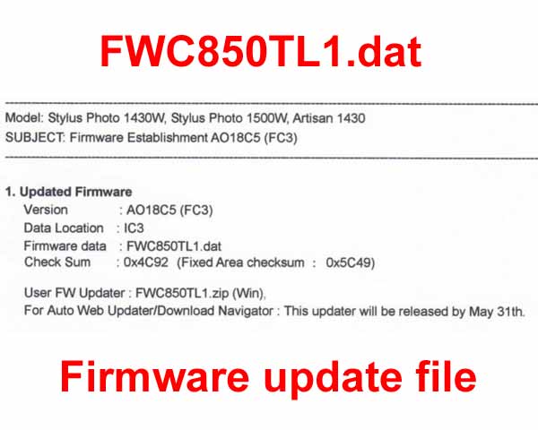 Epson FirmWare <b>UPDATE FILES</b> - for Epson Artisan 1430, Photo 1430W,  Photo 1500W printers