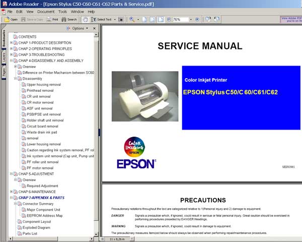 Epson C50, C60, C61, C62 printers Service Manual and Parts List