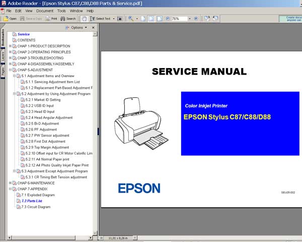 EPSON C87, C88, D88 printers Service Manual and Parts List