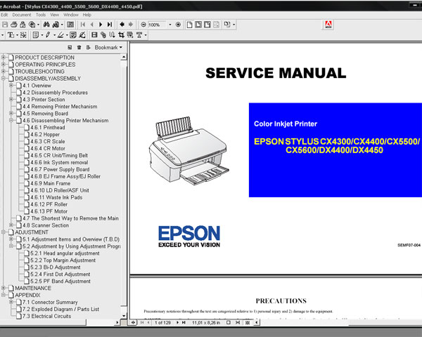 Epson DX4400, DX4450, CX4300, CX4400, CX5500, CX5600 printers Service Manual and Parts List