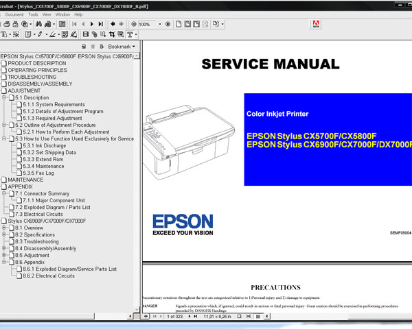 Epson CX5700, CX5800, CX6900F, CX7000F, DX7000F printers Service Manual and Parts List