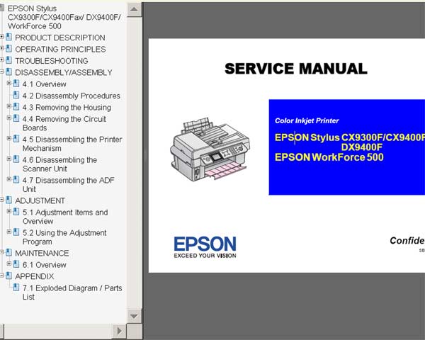 Epson CX9300F, CX9400 Fax, DX9400F, WorkForce 500 printers Service Manual and Parts List