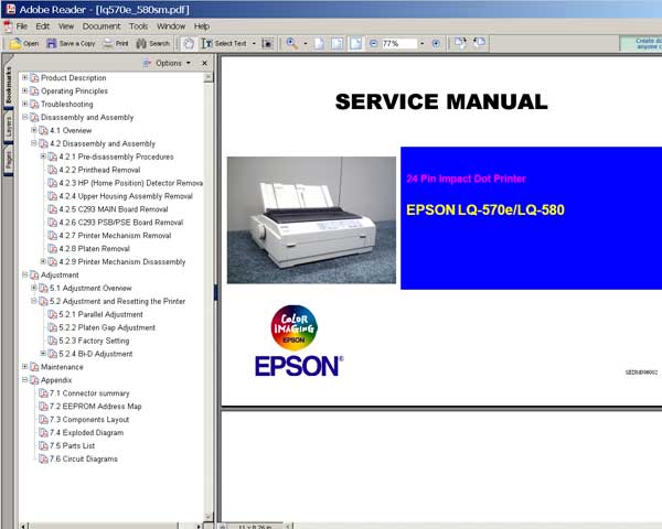 Epson LQ-570e, LQ-580 Printers<br> Service Manual and Parts list