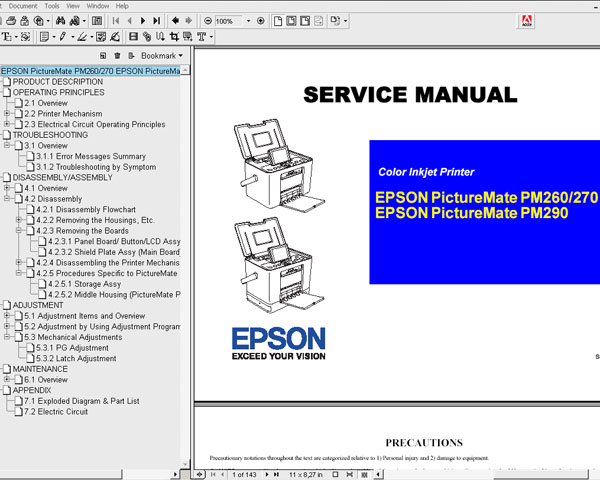 Epson PictureMate PM260, PM270, PM290, E520, E720 printers Service Manual and Electric Circuit Diagram