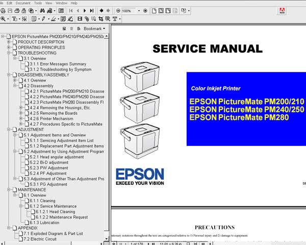 Epson PictureMate PM200, PM210, PM240, PM250, PM280, E500, E700 printers Service Manual and Parts List