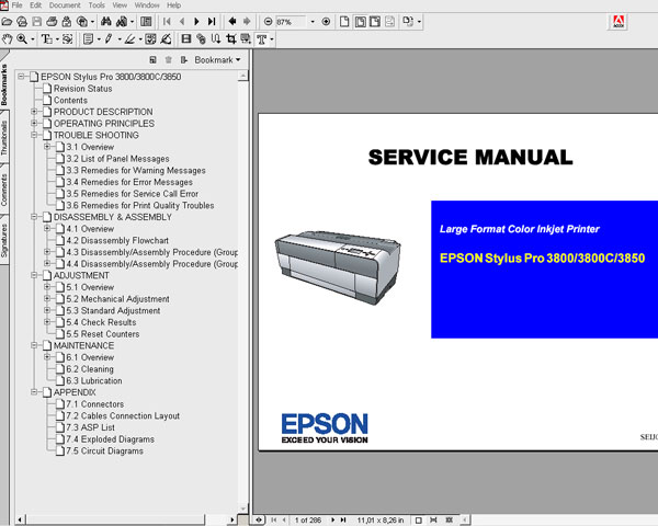 Epson Pro 3800, 3850, PX5800 printers Service Manual and Parts List