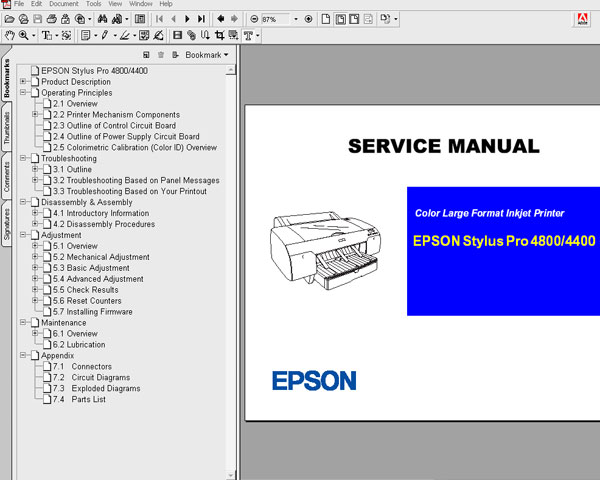Epson Pro 4400, 4800, PX6500, PX6200S printers Service Manual and Parts List