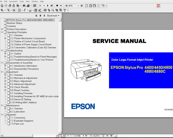 Epson Pro 4400, 4450, 4800, 4880, 4880C, PX6500, PX6200S printers Service Manual and Parts List