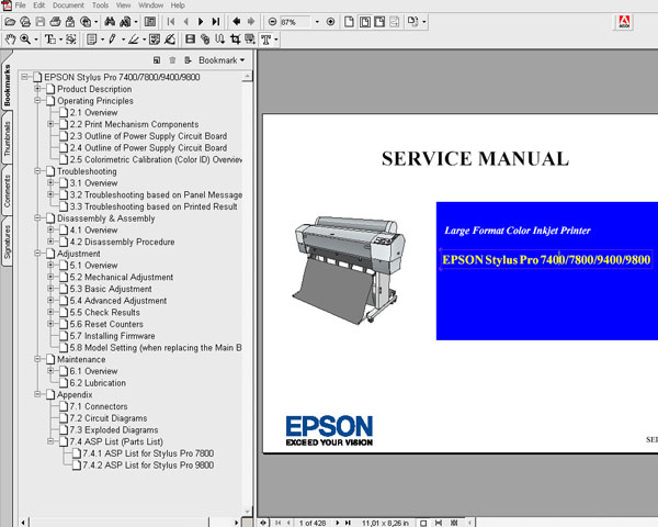 Epson Pro 7400, 7800, 9400, 9800, PX9500, PX9500S, PX9500, PX9500S, PX9500N, PX9550, PX9550S printers Service Manual and Parts List