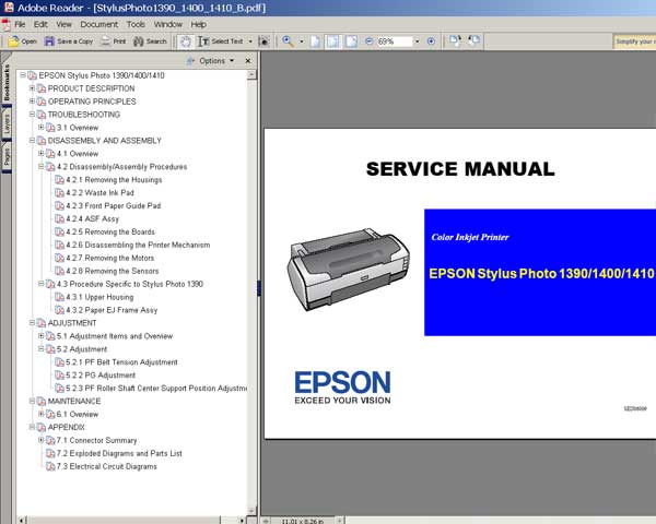 Epson R1390, R1400, R1410 printers Service Manual and Parts List