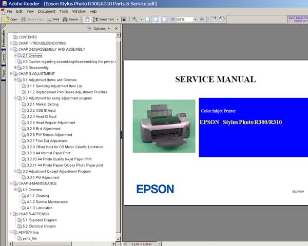 Epson R300, R310, PMD750, PMD750V printers Service Manual and Parts List