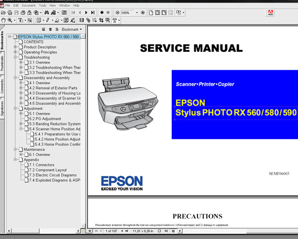 Epson RX560, RX580, RX590 printers  Service Manual and Parts List