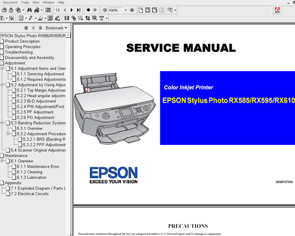 Epson RX585, RX595, RX610, PMA840 printers Service Manual and Parts List