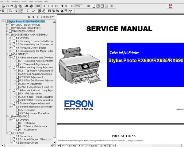 Epson RX680, RX685, RX690 printers <br>Service Manual and Parts List