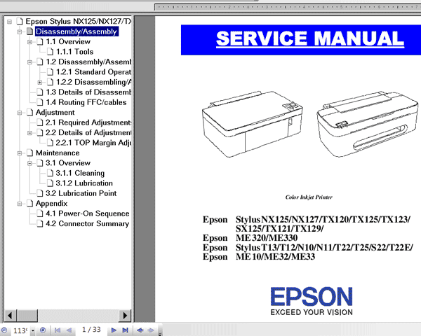 Epson T12, T13, T22, T25, TX120, TX121, TX123, TX125, TX129, N10, N11, NX125, NX127, ME10, ME32, ME33, ME320, ME330, S22, SX125  printers Service Manual  <font color=red>New!</font>