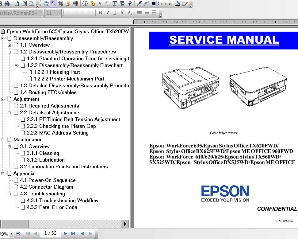 Epson Stylus Office TX620FWD, BX625FWD,  Epson WorkForce  610 / 620 / 625 / 635, Epson Stylus TX560WD, SX525WD BX525WD, Epson ME OFFICE 900WD, 960FWD  printers Service Manual