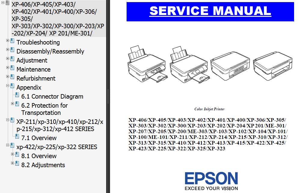 Epson <b> XP-100/101/102/103/104, XP-200/201/202/203/204/205/207, XP-211, XP-212, XP-214, XP-215, XP-225, XP-300, XP-302, XP-303, XP-305, XP-306, XP-310, XP-312, XP-313, XP-315, XP-322, XP-323, XP-325,  XP-400/401/402/403/405/406 Service Manual