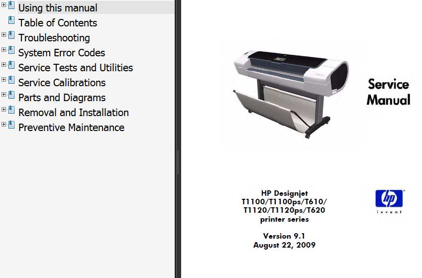 HP Designjet T610, T1100, T1100ps, T620, T1120, T1120ps  Printers Service Manual, Parts and Diagrams