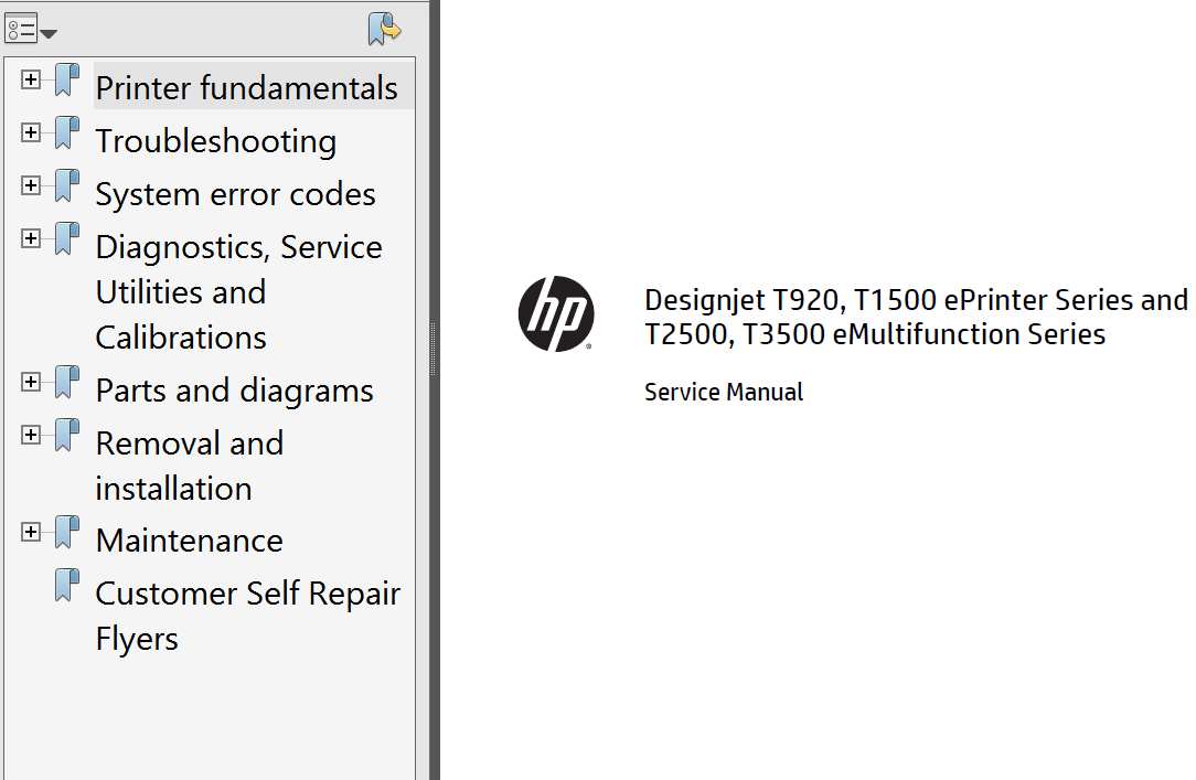 HP Designjet T920, T930, T1500, T1530, T2500, T2530, T3500 Service Manual,  Parts List and Diagrams