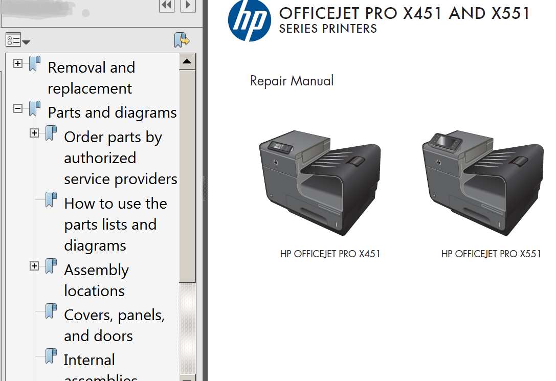 HP OfficeJet Pro X451, OfficeJet Pro X551 Repair Manual,  Parts List and Diagrams